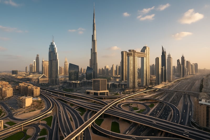 Dubai city skyline with modern roads and traffic