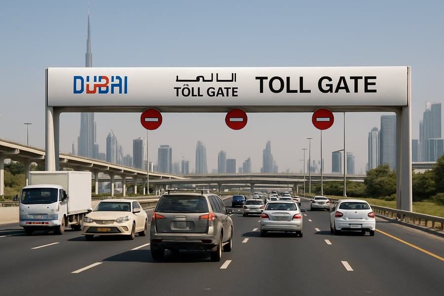 Dubai highway with toll gate and vehicles